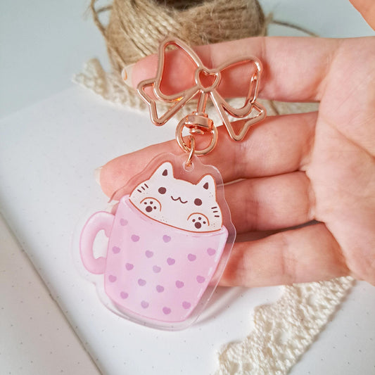 Kawaii Coffee Lover Cappucino Cat Latte Art Acrylic Keychain