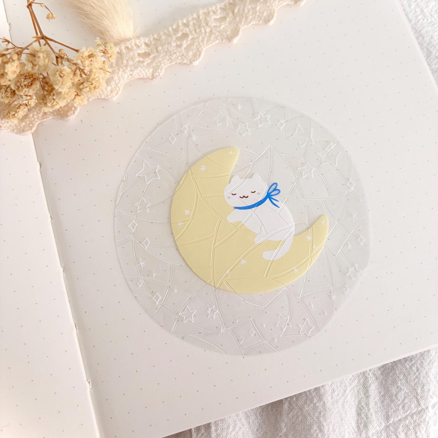 Cute Cat On the Moon Rainbow Window Suncatcher Sticker Reusable and Waterproof