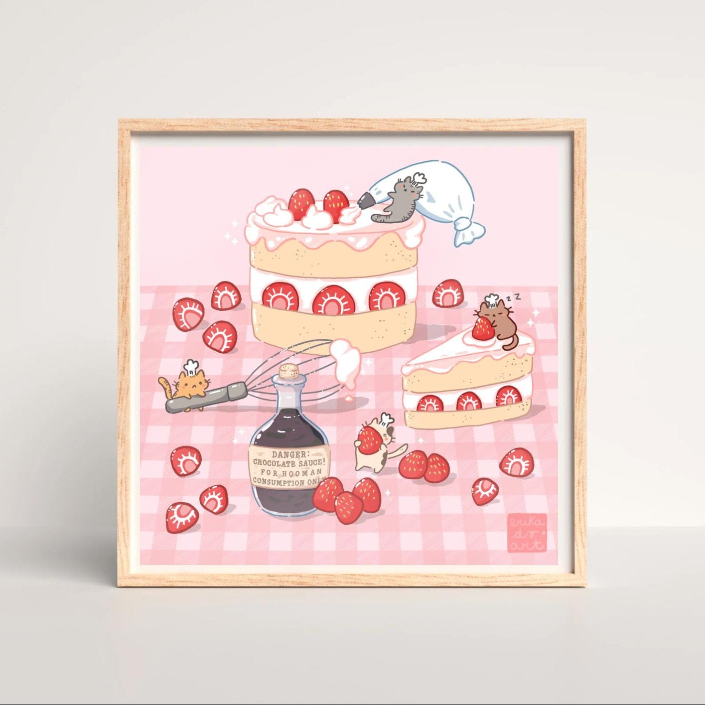 Strawberry cake Kawaii Cats Illustration Art Print
