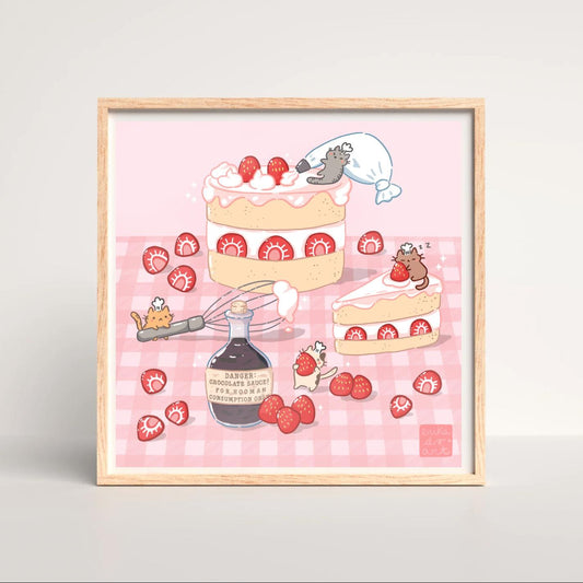 Strawberry cake Kawaii Cats Illustration Art Print
