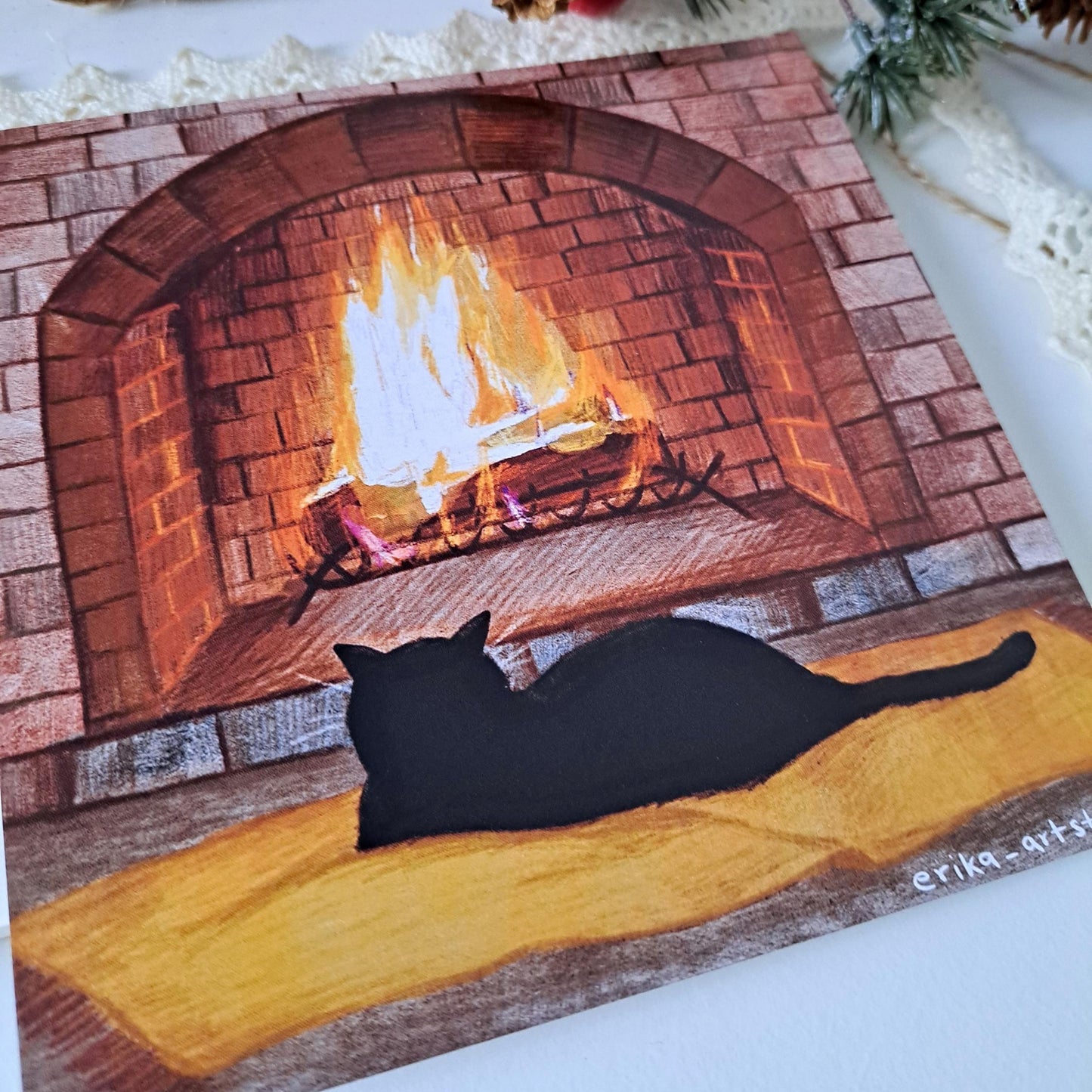 Cozy Winter Black Cat by the Fireplace Illustration Art Print