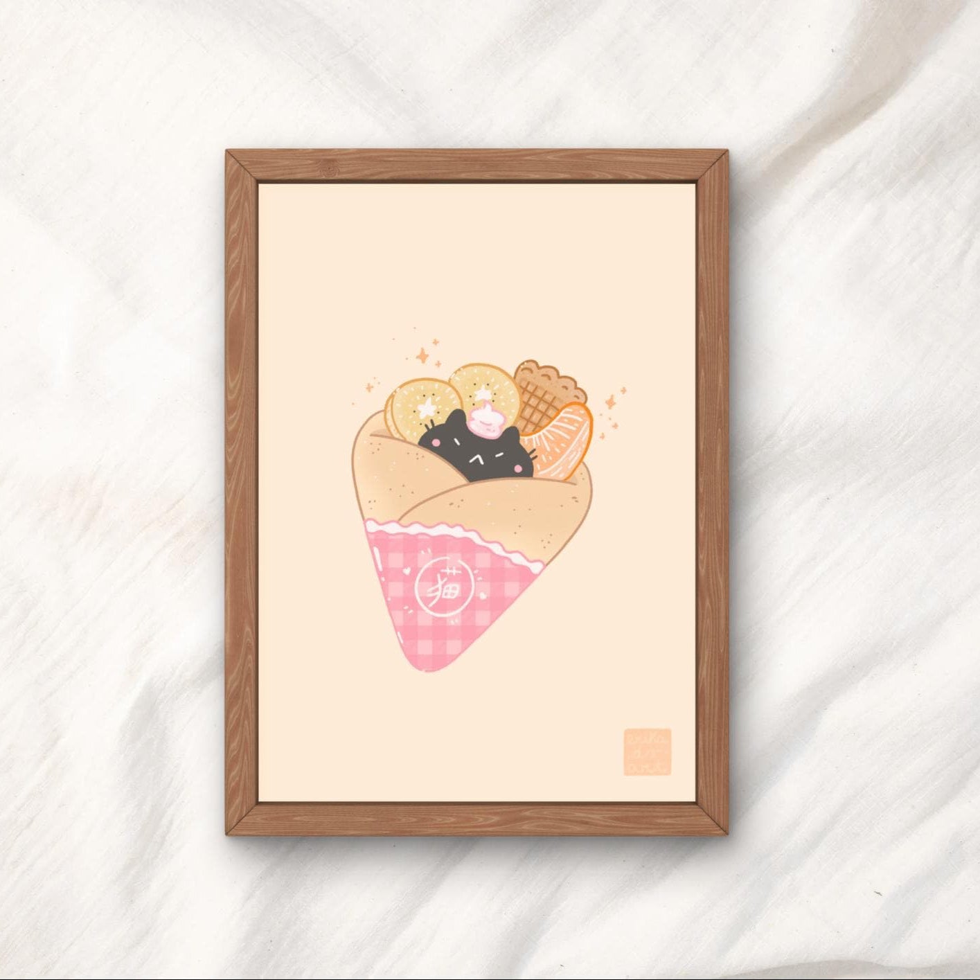 Kawaii Black Cat in a Crepes Illustration Art Print