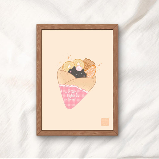Kawaii Black Cat in a Crepes Illustration Art Print