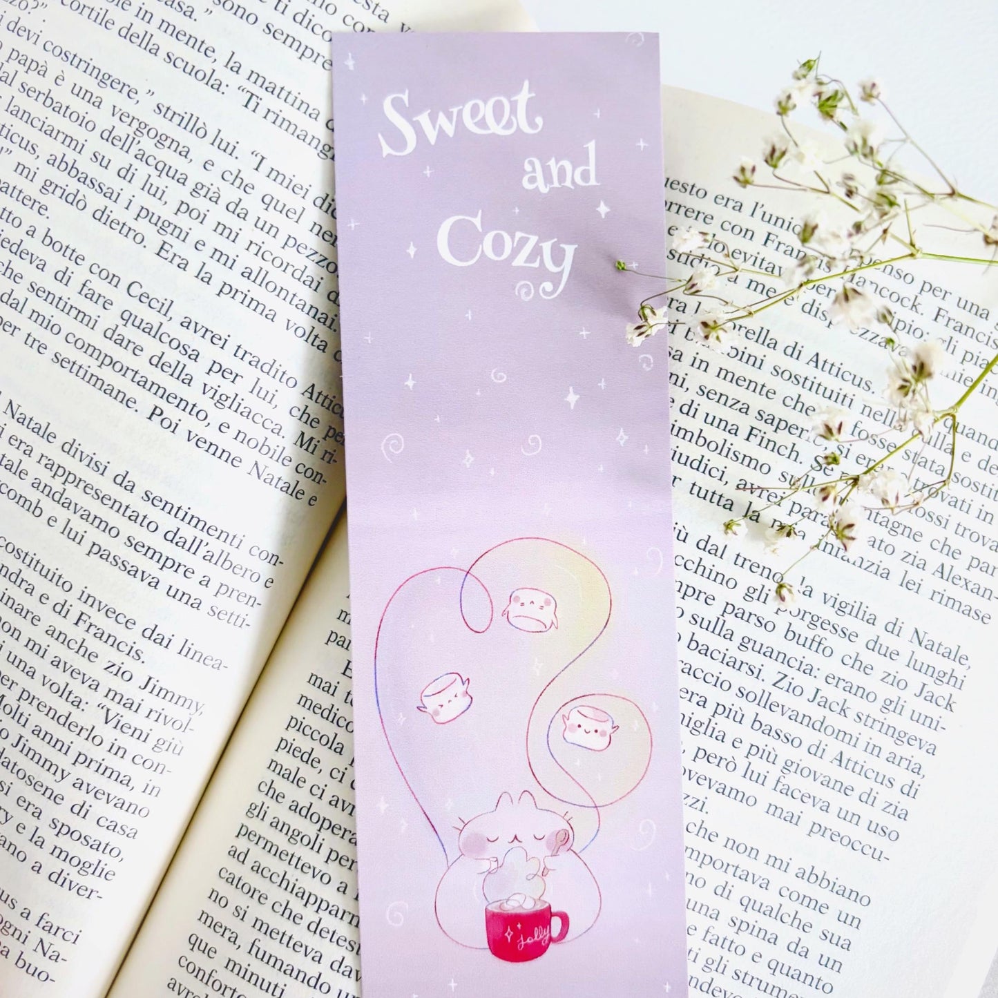 Cute Cozy Cat Hot cocoa and marshmallows Reading Bookmark