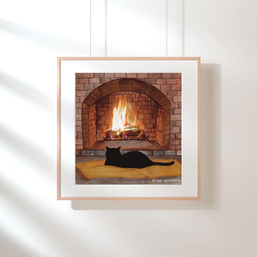 Cozy Winter Black Cat by the Fireplace Illustration Art Print