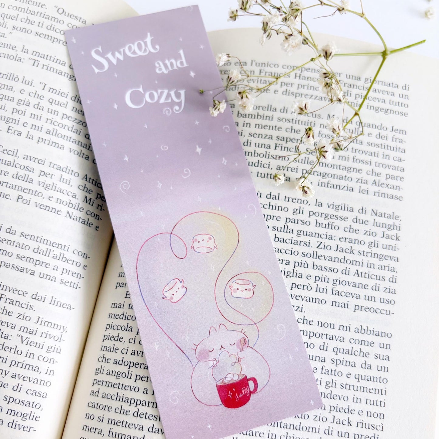 Cute Cozy Cat Hot cocoa and marshmallows Reading Bookmark