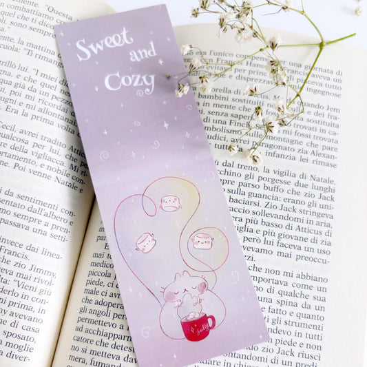 Cute Cozy Cat Hot cocoa and marshmallows Reading Bookmark