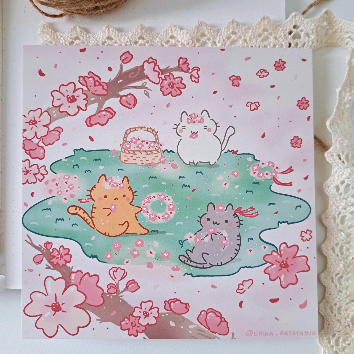 Cherry Blossoms Kawaii Cats Illustration Art Print