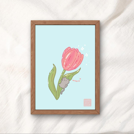 Kawaii Cat on a Tulip Illustration Art Print