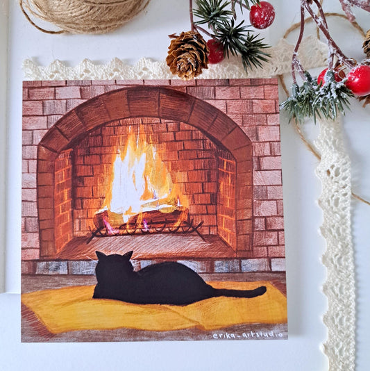Cozy Winter Black Cat by the Fireplace Illustration Art Print