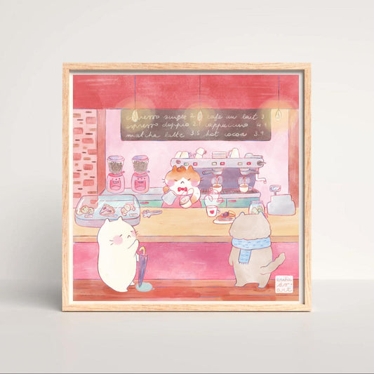 Kawaii Cat Barista Illustration Art Print