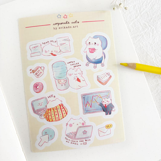 Cute Cat Funny Corporate Office Meme Vinyl Sticker Sheet
