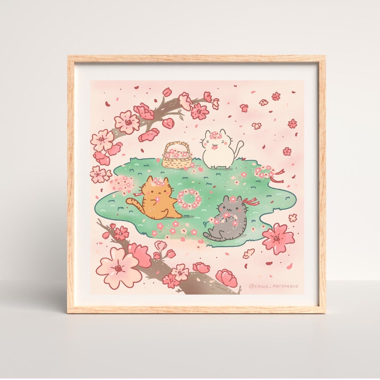 Cherry Blossoms Kawaii Cats Illustration Art Print