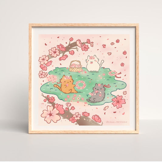 Cherry Blossoms Kawaii Cats Illustration Art Print