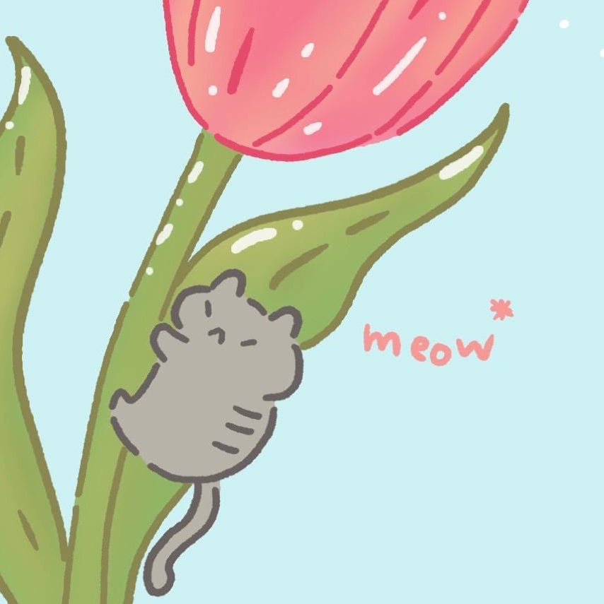 Kawaii Cat on a Tulip Illustration Art Print