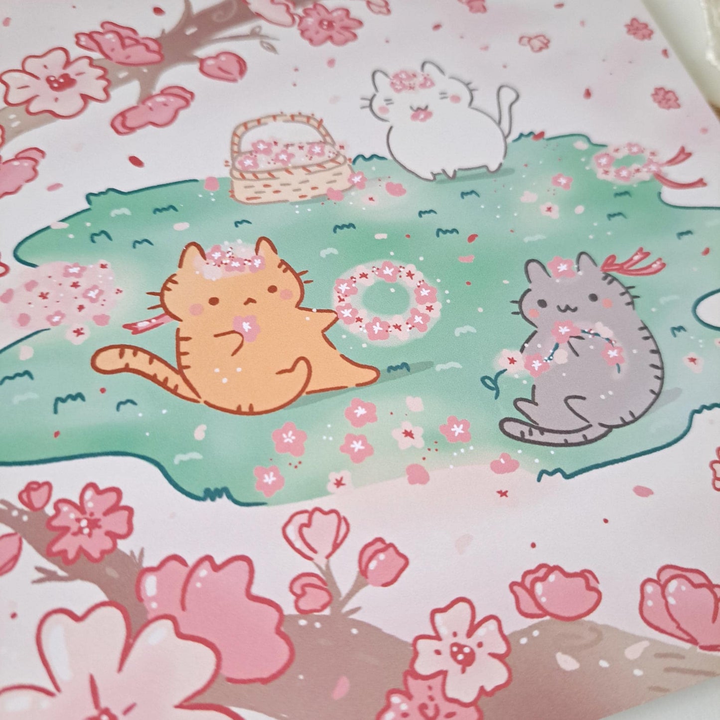 Cherry Blossoms Kawaii Cats Illustration Art Print
